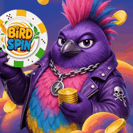 La mascotte BirdSpin tient un jeton de casino